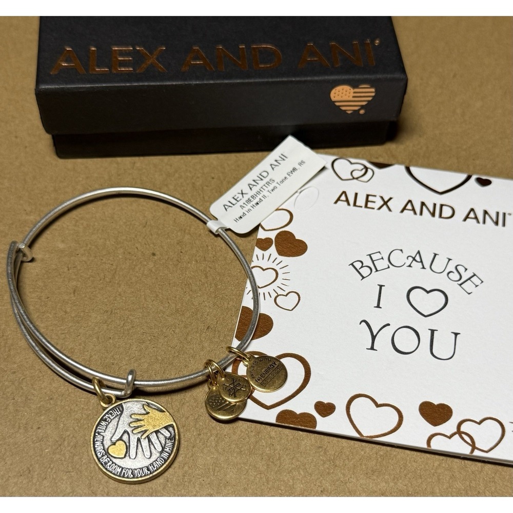 Alex and Ani Bracelet Hand In Hand Charm Because I Love You Silver Tone NWT